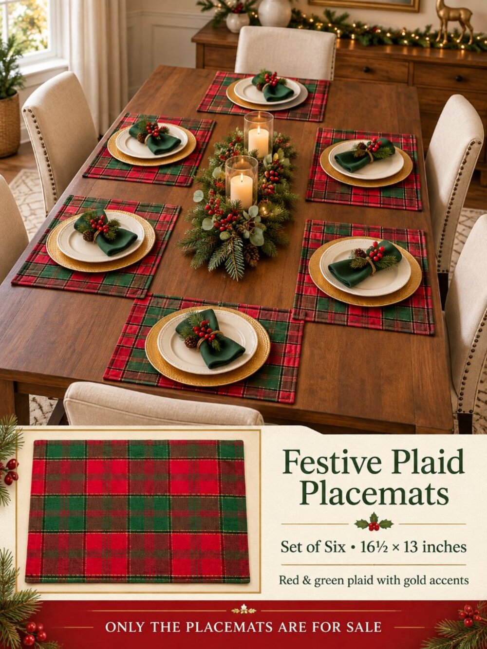 Festive Red & Green Plaid Placemats — Set of Six